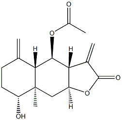 [3aR,4aα,9aβ,(+)]-4α-アセトキシドデカヒドロ-8β-ヒドロキシ-8aβ-メチル-3,5-ビス(メチレン)ナフト[2,3-b]フラン-2-オン 化学構造式