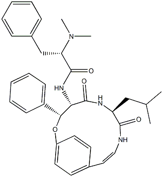 (αS)-α-ジメチルアミノ-N-[(3R,4S,7S)-7-(2-メチルプロピル)-5,8-ジオキソ-3-フェニル-2-オキサ-6,9-ジアザビシクロ[10.2.2]ヘキサデカ-10,12,14(1),15-テトラエン-4-イル]ベンゼンプロパンアミド 化学構造式