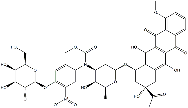 (8S,10S)-8-乙酰基-7,8,9,10-四氢-6,8,11-三羟基-1-甲氧基-10-[[2,3,6-三脱氧-3-[[[[4-(BETA-D-吡喃半乳糖基氧基)-3-硝基苯基]甲氧基]羰基]氨基]-ALPHA-L-来苏-己糖吡喃糖苷]氧基]-5,12-并四苯醌, 290304-24-4, 结构式