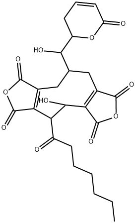 8-[(3,6-Dihydro-6-oxo-2H-pyran-2-yl)hydroxymethyl]-4-heptanoyl-3-hydroxy-1,5-cyclononadiene-1,2,5,6-tetracarboxylic 1,2:5,6-dianhydride 结构式