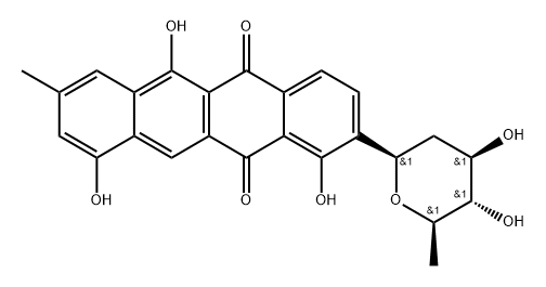 1,6,10-トリヒドロキシ-2-(2,6-ジデオキシ-β-D-arabino-ヘキソピラノシル)-8-メチルナフタセン-5,12-ジオン 化学構造式