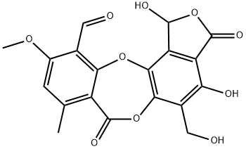 1,3-Dihydro-1,4-dihydroxy-5-hydroxymethyl-10-methoxy-8-methyl-3,7-dioxo-7H-isobenzofuro[4,5-b][1,4]benzodioxepin-11-carbaldehyde 结构式