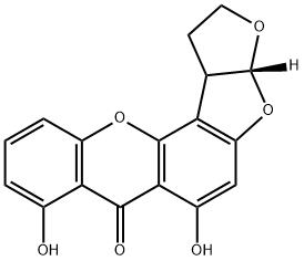 (3aR,12cS)-1,2,3a,12c-テトラヒドロ-6,8-ジヒドロキシ-7H-フロ[3',2':4,5]フロ[2,3-c]キサンテン-7-オン 化学構造式