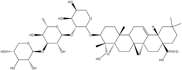3β-[[2-O-(3-O-β-D-キシロピラノシル-α-L-ラムノピラノシル)-α-L-アラビノピラノシル]オキシ]-23-ヒドロキシオレアナ-12-エン-28-酸 化学構造式