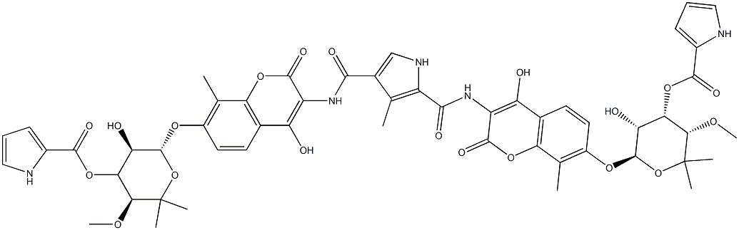 N,N'-Bis[7-[[6-deoxy-5-C-methyl-4-O-methyl-3-O-[(1H-pyrrol-2-yl)carbonyl]-α-L-lyxo-hexopyranosyl]oxy]-4-hydroxy-8-methyl-2-oxo-2H-1-benzopyran-3-yl]-3-methyl-1H-pyrrole-2,4-dicarboxamide Structure