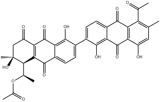 5'-Acetyl-6,7-dihydro-1,1',6β,8'-tetrahydroxy-5β-(1-hydroxyethyl)-6,6'-dimethyl[2,2'-bianthracene]-8,9,9',10,10'(5H)-pentone 5-acetate Structure