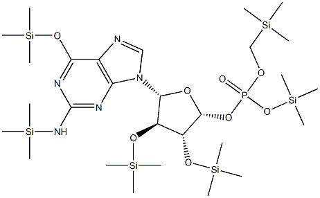 6-Deamino-2-[(trimethylsilyl)amino]-6-[(trimethylsilyl)oxy]-2'-O,3'-O-bis(trimethylsilyl)adenosine 5'-[phosphoric acid bis(trimethylsilyl)] ester 结构式