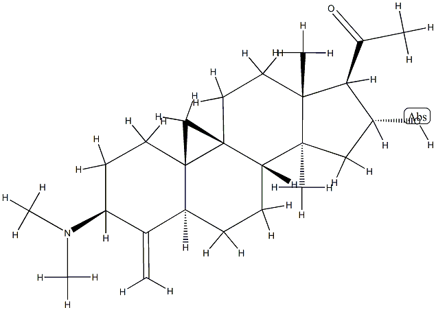 3β-(ジメチルアミノ)-4-メチレン-14-メチル-16α-ヒドロキシ-9β,19-シクロ-5α-プレグナン-20-オン 化学構造式