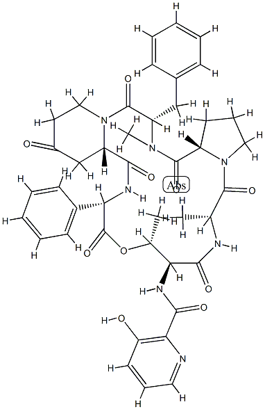 N-[(3-Hydroxy-2-pyridinyl)carbonyl]cyclo[L-Thr*-D-Ala-L-Pro-N-methyl-L-Phe-4-oxo-L-pipecoloyl-L-phenyl Gly-] Struktur