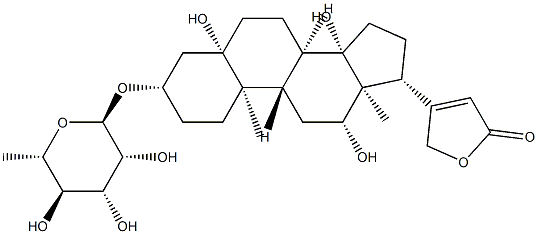 3β-[(6-デオキシ-α-L-マンノピラノシル)オキシ]-5,12β,14-トリヒドロキシ-5β,14β-カルダ-20(22)-エノリド 化学構造式
