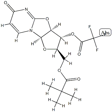 2,2-ジメチルプロピオン酸[(2R)-2,3,3aβ,9aβ-テトラヒドロ-6-オキソ-3β-トリフルオロアセトキシ-6H-フロ[2',3':4,5]オキサゾロ[3,2-a]ピリミジン-2α-イル]メチル 化学構造式