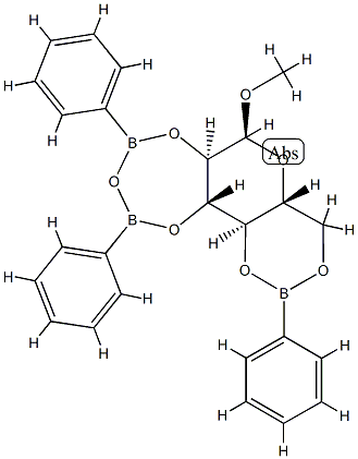 1-O-Methyl-2-O,3-O-[oxybis(phenylboranediyl)]-4-O,6-O-(phenylboranediyl)-α-D-glucopyranose Struktur