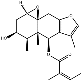(Z)-2-メチル-2-ブテン酸[(1aR,9aS)-1a,2,4,4a,5,9-ヘキサヒドロ-3α-ヒドロキシ-4α,4aα,6-トリメチル-3H-オキシレノ[8,8a]ナフト[2,3-b]フラン-5α-イル] 化学構造式