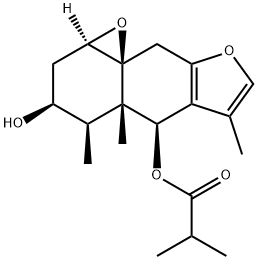 2-メチルプロピオン酸[(1aR,9aS)-1a,2,4,4a,5,9-ヘキサヒドロ-3α-ヒドロキシ-4α,4aα,6-トリメチル-3H-オキシレノ[8,8a]ナフト[2,3-b]フラン-5α-イル] 化学構造式