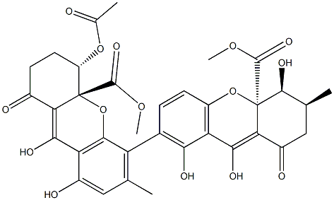 (3'S,4S,4aR)-4-Acetoxy-2,2',3,3'α,4,4',9,9'-octahydro-1,1',4'α,8,8'-pentahydroxy-3'α,6-dimethyl-9,9'-dioxo-5,7'-bi(4aH-xanthene)-4a,4'aβ-dicarboxylic acid dimethyl ester Structure