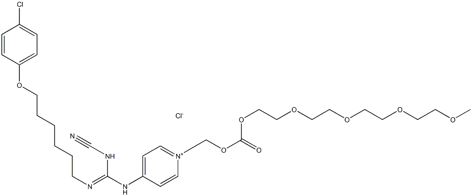 1-[[[[2-[2-[2-[2-甲氧基乙氧基]乙氧基]乙氧基]乙氧基]羰基]氧基]甲基]-4-[N'-氰基-N''-[6-[4-氯苯氧基]己基]胍基]氯化吡啶 结构式