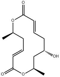 (3E,6R,9E,12S,14R)-12-ヒドロキシ-6,14-ジメチル-1,7-ジオキサシクロテトラデカ-3,9-ジエン-2,8-ジオン 化学構造式