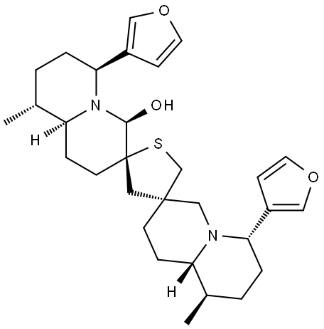 (3S,4'S)-6α,6''α-Di(3-furanyl)-1,6,7,8,9,9aβ,1'',6'',7'',8'',9'',9''aβ-dodecahydro-4α-hydroxy-9β,9''β-dimethyldispiro[2H-quinolizine-3(4H),2'(3'H)-thiophene-4'(5'H),3''(4''H)-[2H]quinolizine] Struktur