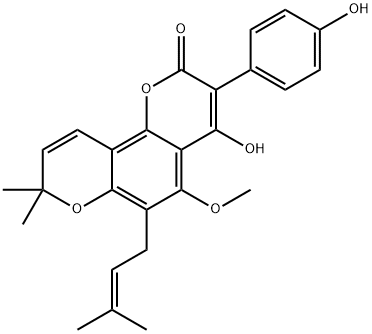 4-Hydroxy-3-(4-hydroxyphenyl)-5-methoxy-8,8-dimethyl-6-(3-methyl-2-butenyl)-2H,8H-benzo[1,2-b:3,4-b']dipyran-2-one Struktur