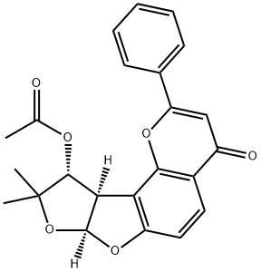 rel-10α*-(アセチルオキシ)-7aα*,9,10,10aα*-テトラヒドロ-9,9-ジメチル-2-フェニル-4H-フロ[3',2':4,5]フロ[2,3-h]-1-ベンゾピラン-4-オン 化学構造式