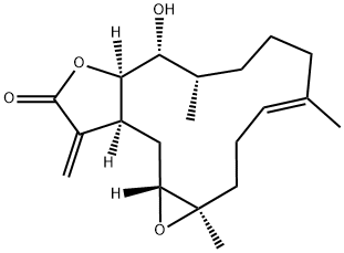 (1aR,4E,9S,10R,10aR,13aS,14aR)-2,3,6,7,8,9,10,10a,13,13a,14,14a-Dodecahydro-10-hydroxy-1a,5,9-trimethyl-13-methyleneoxireno[4,5]cyclotetradeca[1,2-b]furan-12(1aH)-one Struktur