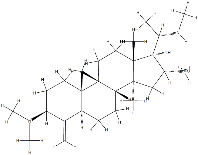 (20S)-3β-ジメチルアミノ-14-メチル-20-メチルアミノ-4-メチレン-9β,19-シクロ-5α-プレグナン-16α-オール 化学構造式