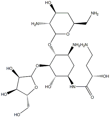 4-O-(2,6-ジアミノ-2,4,6-トリデオキシ-α-D-xylo-ヘキソピラノシル)-5-O-β-D-リボフラノシル-N-[(S)-4-アミノ-2-ヒドロキシブチリル]-2-デオキシ-D-ストレプタミン 化学構造式