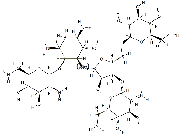 4-O-(2,6-Diamino-2,6-dideoxy-α-D-glucopyranosyl)-5-O-[3-O-(2,6-diamino-2,6-dideoxy-β-L-idopyranosyl)-5-O-(β-D-glucopyranosyl)-β-D-ribofuranosyl]-2-deoxy-D-streptamine Struktur