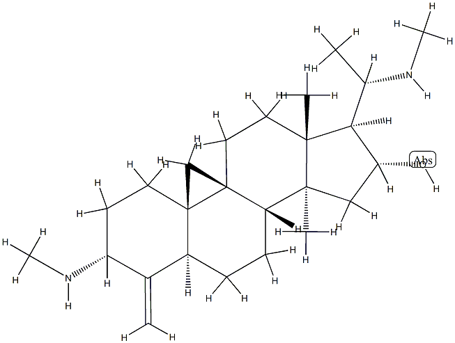 (20S)-14-メチル-3α,20-ビス(メチルアミノ)-4-メチレン-9β,19-シクロ-5α-プレグナン-16α-オール 化学構造式