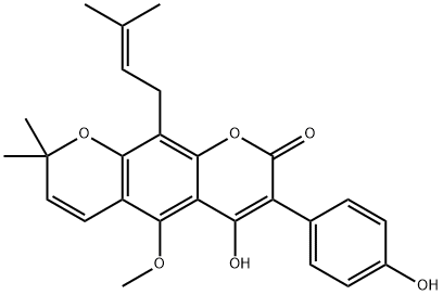 4-Hydroxy-3-(4-hydroxyphenyl)-5-methoxy-8,8-dimethyl-10-(3-methyl-2-butenyl)-2H,8H-benzo[1,2-b:5,4-b']dipyran-2-one Struktur
