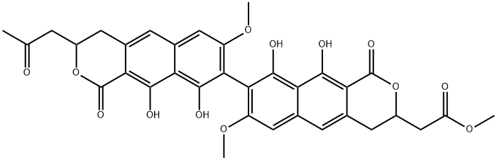(-)-7,7'-ジメトキシ-3-(メトキシカルボニルメチル)-3'-(2-オキソプロピル)-9,9',10,10'-テトラヒドロキシ-3,3',4,4'-テトラヒドロ-8,8'-ビ[1H-ナフト[2,3-c]ピラン]-1,1'-ジオン 化学構造式