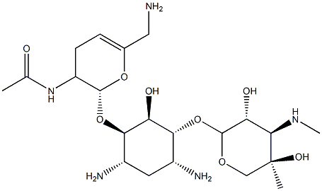4-O-[(2S)-3α-(Acetylamino)-6-(aminomethyl)-3,4-dihydro-2H-pyran-2α-yl]-6-O-[3-deoxy-4-C-methyl-3-(methylamino)-β-L-arabinopyranosyl]-2-deoxy-D-streptamine Struktur