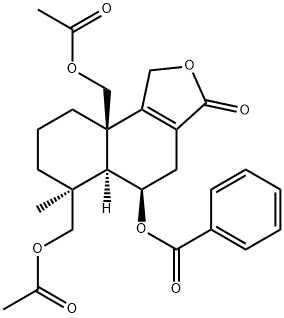 (5R)-6β,9aβ-ビス(アセトキシメチル)-5-ベンゾイルオキシ-1,3,4,5,5aα,6,7,8,9,9a-デカヒドロ-6-メチルナフト[1,2-c]フラン-3-オン 化学構造式