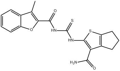 2-Benzofurancarboxamide,N-[[[3-(aminocarbonyl)-5,6-dihydro-4H-cyclopenta[b]thien-2-yl]amino]thioxomethyl]-3-methyl-(9CI) Structure