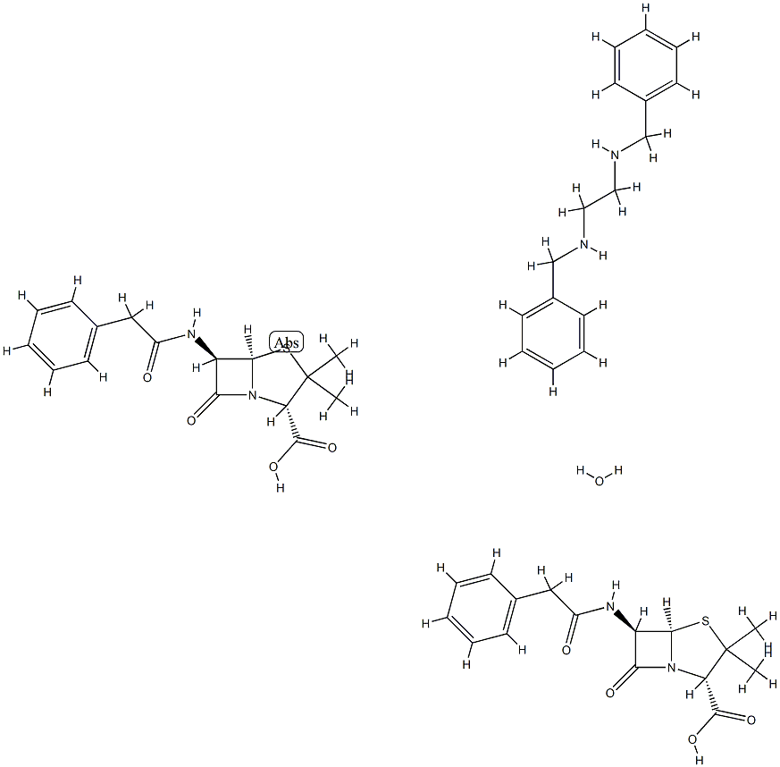 4-Thia-1-azabicyclo3.2.0heptane-2-carboxylic acid, 3,3-dimethyl-7-oxo-6-(phenylacetyl)amino- (2S,5R,6R)-, compd. with N,N-bis(phenylmethyl)-1,2-ethanediamine (2:1), monohydrate Structure