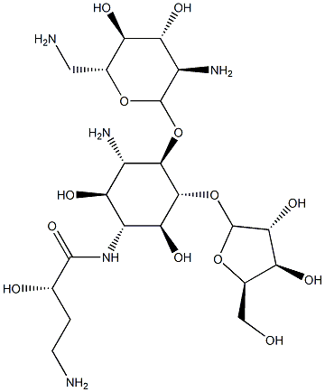 4-O-(2,6-ジアミノ-2,6-ジデオキシ-α-D-グルコピラノシル)-5-O-β-D-キシロフラノシル-N-[(S)-4-アミノ-2-ヒドロキシ-1-オキソブチル]-D-ストレプタミン 化学構造式