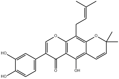 7-(3,4-ジヒドロキシフェニル)-5-ヒドロキシ-2,2-ジメチル-10-(3-メチル-2-ブテニル)-2H,6H-ベンゾ[1,2-b:5,4-b']ジピラン-6-オン 化学構造式