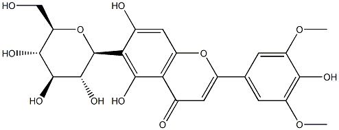 6-(β-D-グルコピラノシル)-5,7-ジヒドロキシ-2-(4-ヒドロキシ-3,5-ジメトキシフェニル)-4H-1-ベンゾピラン-4-オン 化学構造式