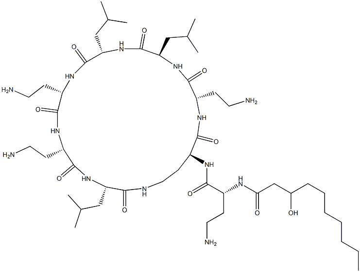 N2-[N2-(3-ヒドロキシ-1-オキソデシル)-D-DAB-]シクロ[L-DAB*-L-DAB-D-Leu-L-Leu-L-DAB-L-DAB-L-Leu-] 化学構造式