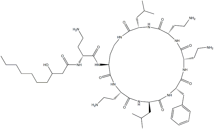 N2-[N2-(3-ヒドロキシ-1-オキソデシル)-D-DAB-]シクロ[L-DAB*-L-DAB-D-Leu-L-Phe-L-DAB-L-DAB-L-Leu-] 化学構造式
