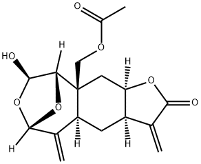 (3aR)-3aα,4,4aα,5,6,8,9,9a,10,10aα-デカヒドロ-9aβ-アセトキシメチル-8β-ヒドロキシ-3,5-ビス(メチレン)-6β,9β-エポキシフロ[2,3-h][3]ベンゾオキセピン-2(3H)-オン 化学構造式