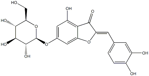 2-[(Z)-(3,4-ジヒドロキシフェニル)メチレン]-6-(β-D-グルコピラノシルオキシ)-4-ヒドロキシ-3(2H)-ベンゾフラノン 化学構造式