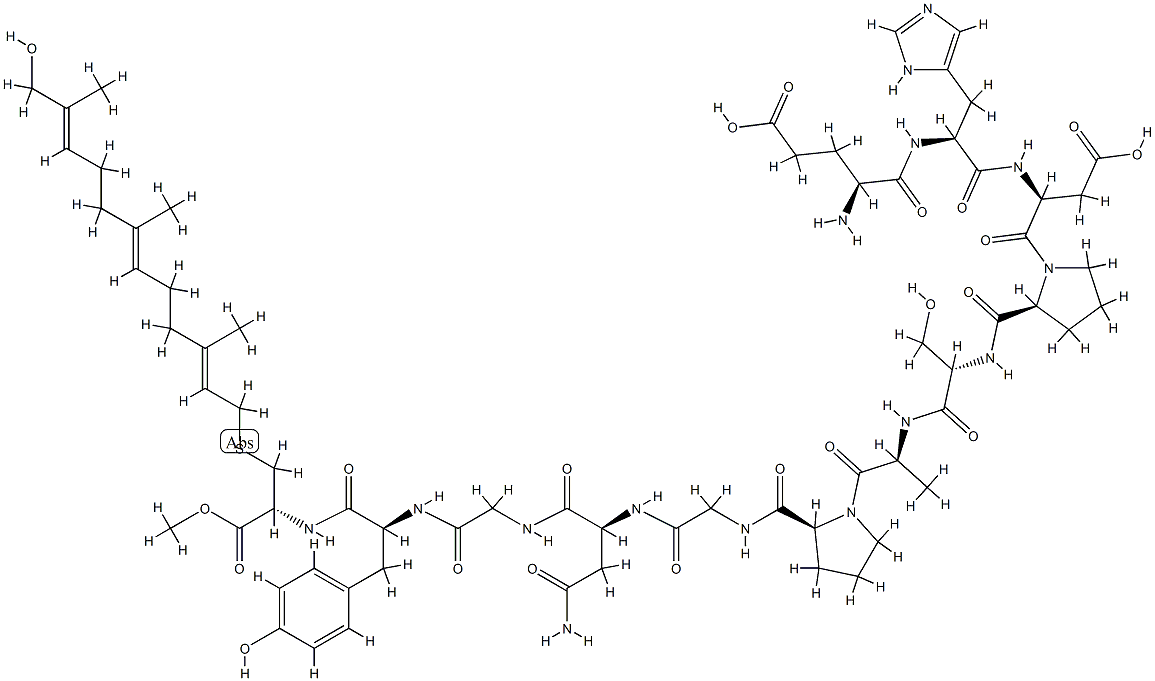 L-Glu-L-His-L-Asp-L-Pro-L-Ser-L-Ala-L-Pro-Gly-L-Asn-Gly-L-Tyr-S-[(2E,6E,10Z)-11-(ヒドロキシメチル)-3,7-ジメチル-2,6,10-ドデカトリエニル]-L-Cys-OMe 化学構造式