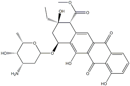 (1R)-1,2,3,4,6,11-Hexahydro-4α-[[3-(methylamino)-2,3,6-trideoxy-α-L-lyxo-hexopyranosyl]oxy]-6,11-dioxo-2-ethyl-2α,5,7-trihydroxy-1β-naphthacenecarboxylic acid methyl ester 结构式