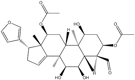(13α,17α)-3α,12α-ジアセトキシ-21,23-エポキシ-1α,6α,7α-トリヒドロキシ-4,8-ジメチル-24-ノル-5α-コラ-14,20,22-トリエン-4α-カルボアルデヒド 化学構造式