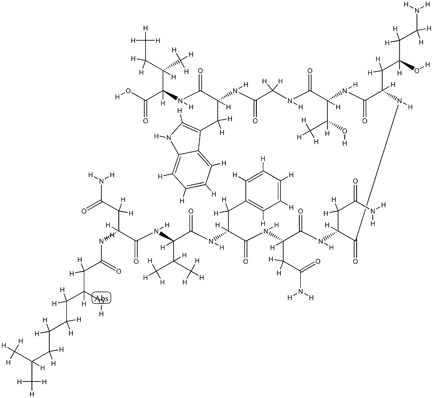 N2-(3-Hydroxy-8-methyl-1-oxononyl)-D-Asn-D-Val-D-Phe-L-Asn-D-Asn-[(4R)-4-hydroxy-L-Lys-]-D-aThr-Gly-D-Trp-D-aIle-OH Structure