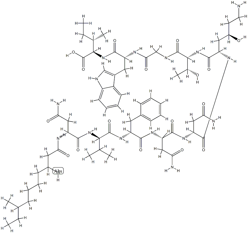 N2-(3-Hydroxy-8-methyl-1-oxodecyl)-D-Asn-D-Val-D-Phe-L-Asn-D-Asn-[(4R)-4-hydroxy-L-Lys-]-D-aThr-Gly-D-Trp-D-aIle-OH Struktur