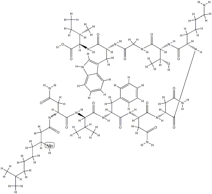 N2-(3-Hydroxy-8-methyl-1-oxononyl)-D-Asn-D-Val-D-Phe-L-Asn-D-Asn-L-Lys-D-aThr-Gly-D-Trp-D-aIle-OH Struktur