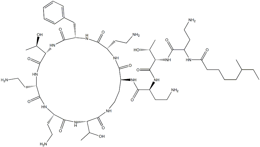 (-)-N2-(6-メチルオクタノイル-L-A2bu-L-Thr-L-A2bu-)シクロ(L-A2bu*-L-A2bu-L-Phe-L-Thr-L-A2bu-L-A2bu-L-Thr-) 化学構造式