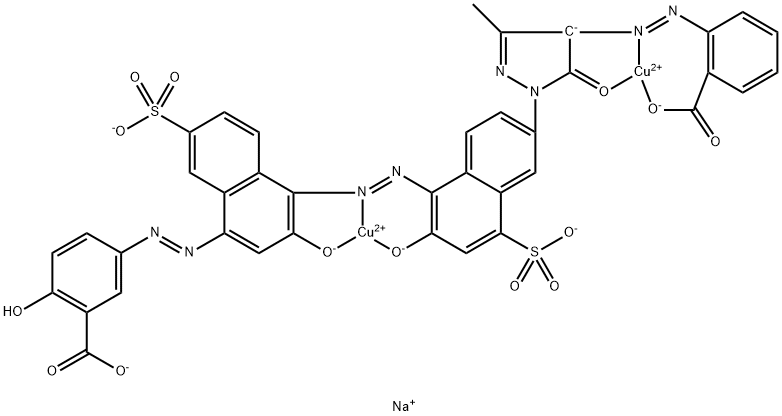Cuprate(3-), [mu-[5-[[4-[[6-[4-[(2-carboxyphenyl)azo]-4,5-dihydro-3-methyl-5-oxo-1H-pyrazol-1-yl]-2-hydroxy-4-sulfo-1-naphthalenyl]azo]-3-hydroxy-7-sulfo-1-naphthalenyl]azo]-2-hydroxybenzoato(7-)]]di-, trisodium Structure